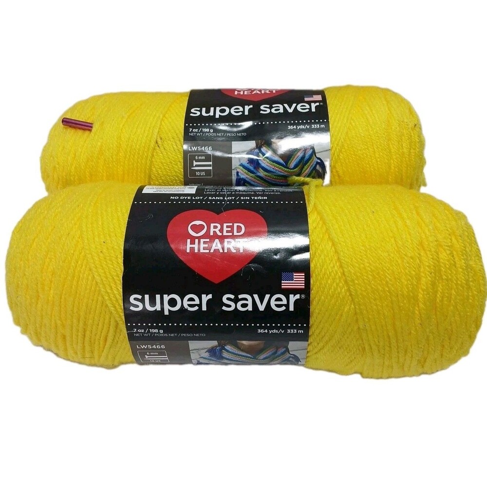 Red Heart Super Saver Yarn, Lot of 2 Skeins Bright Yellow, Ea. is 7oz. & 364 Yds